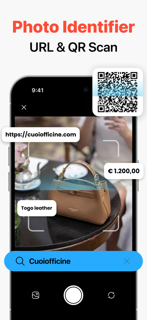 Private Video Saver - Interfaz de aplicación móvil que muestra la identificación de fotos de un bolso de cuero y un escáner de código QR.