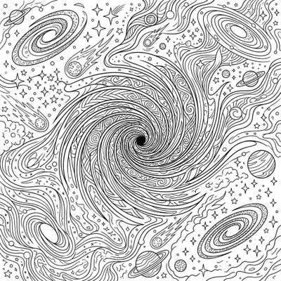 Dive into the mesmerizing depths of space with this intricate black hole adult coloring page. Featuring a detailed cosmic vortex surrounded by galaxies, stars, and planets, it's perfect for mindful coloring.