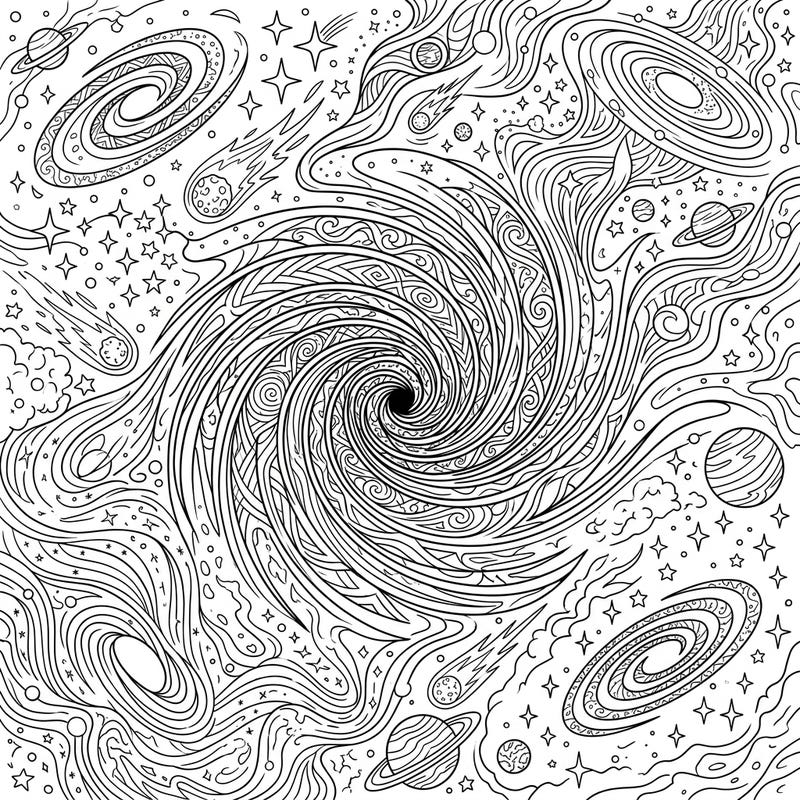 Dive into the mesmerizing depths of space with this intricate black hole adult coloring page. Featuring a detailed cosmic vortex surrounded by galaxies, stars, and planets, it's perfect for mindful coloring.