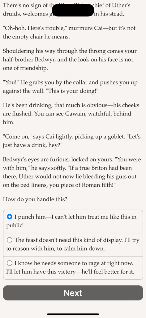 Pendragon Rising - Pendragon Rising gameplay screen showing narrative text and interactive choices