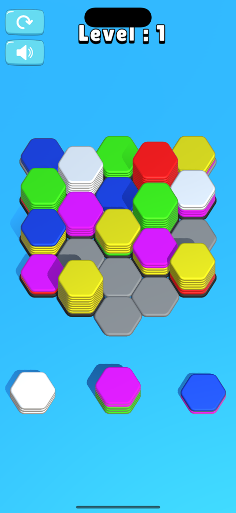 Hexa Sort Game - Hexa Sort Game interface showing level 1 with colorful hexagon stacks on a light blue background