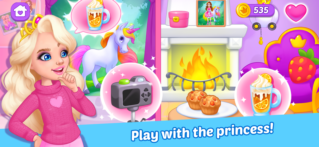 Doll Dream house! Life games! - A colorful game scene showing a princess character a unicorn and a cozy living room