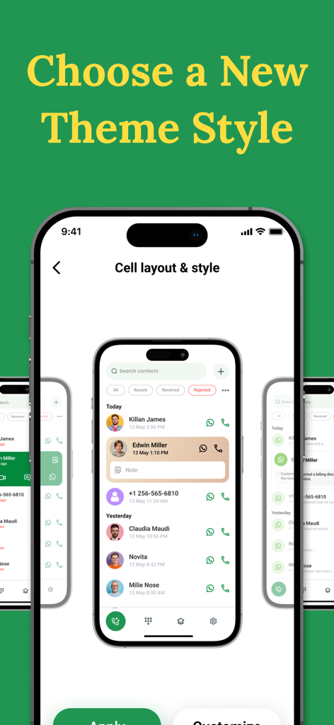 Pantalla de iPhone mostrando la selección del estilo de tema para el diseño de celdas de contacto en la aplicación Click to Chat