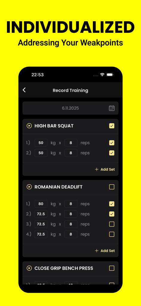 Strength Coach AI: Workout Log - Strength Coach AI app interface showing a record training screen with squats and deadlifts for a powerlifting program.