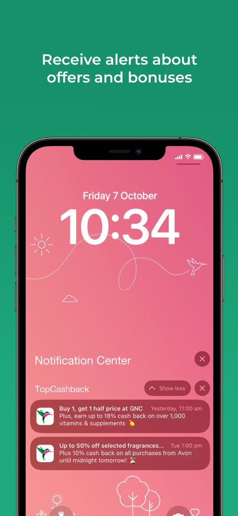 Smartphone lock screen displaying TopCashback push notifications for retail offers and cashback bonuses