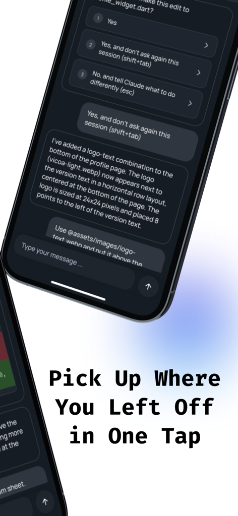 Vibe Code: Codex & Claude AI - Mobile interface of the Vibe Code app showing an AI agent session for managing code workflows on a smartphone.