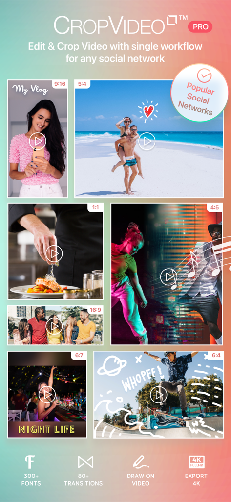 Crop Video Square Editor - Interface de l'application Crop Video Square montrant divers rapports d'aspect vidéo et fonctions de montage pour les réseaux sociaux populaires.