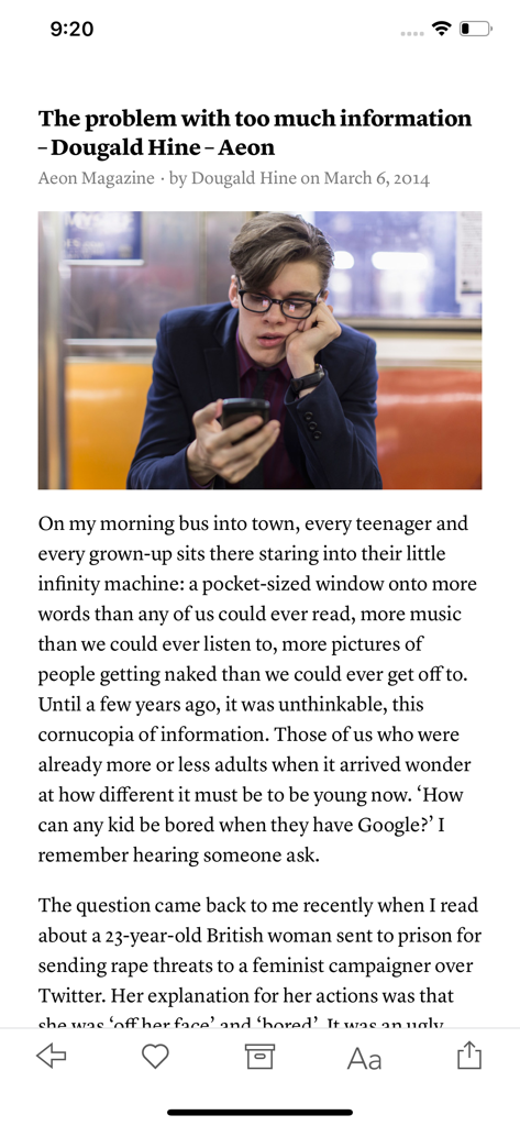 Instapaper app interface showing a minimalist and distraction-free article reading view.