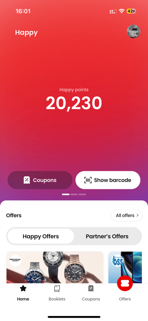 Happy Loyalty app home screen displaying reward points and shopping offers