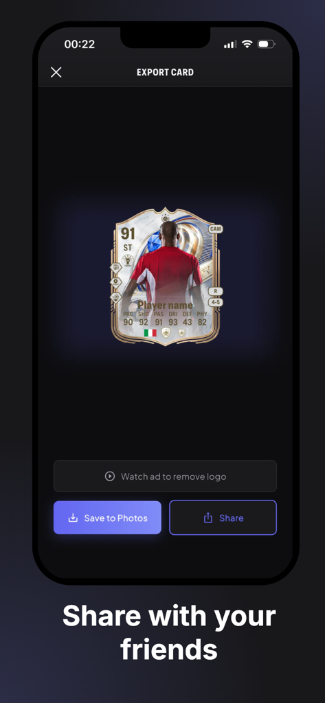 FC Ultimate Card Creator - Export screen showing a custom football player card with options to save to photos or share with friends