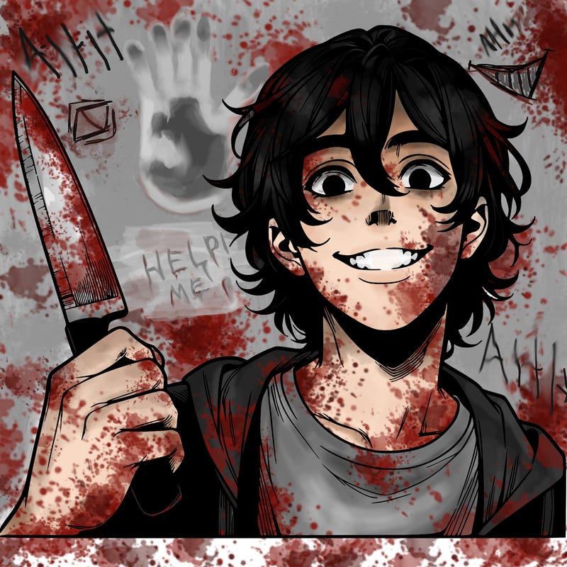 teenage realistic guy with long ish hair holding a knife and has a big grin