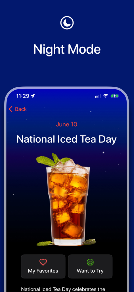 Food Holidays Calendar - Interface do aplicativo Calendário de Feriados Gastronômicos em modo noturno apresentando o Dia Nacional do Chá Gelado.