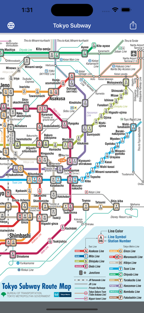 Tokyo Subway Map OFFLINE - Mapa detallado de la ruta del metro de Tokio sin conexión que muestra líneas codificadas por colores, nombres de estaciones y números