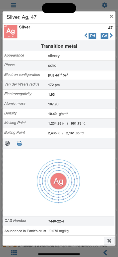 Unit converter MxUnit Pro - Detailed chemical properties and atomic information for silver in the MxUnit Pro app periodic table feature