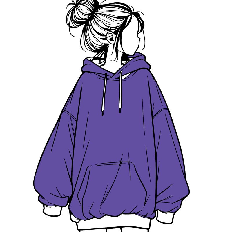 realistic girl with a oversized sweatshirt on and a bun