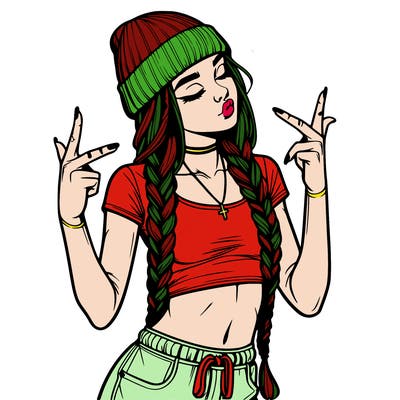 realistic teenage girl with braids and a beanie and crop top doing 🫶🏼