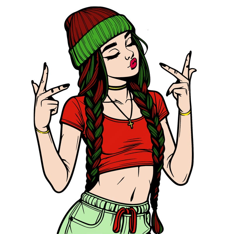 realistic teenage girl with braids and a beanie and crop top doing 🫶🏼