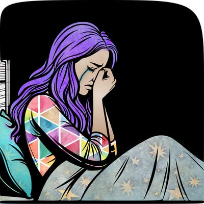 realistic woman crying in her bed in a dark room