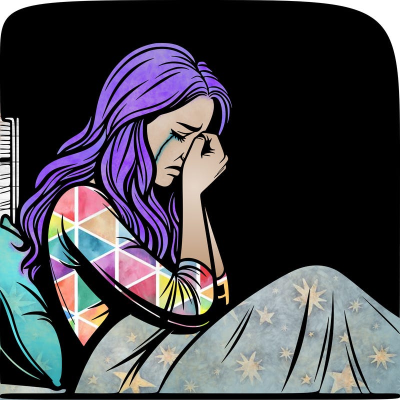 realistic woman crying in her bed in a dark room