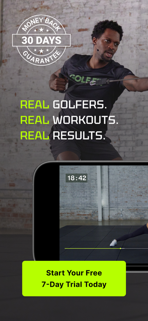 Golf Fit - A golfer training with the Golf Fit app featuring a 7-day free trial and 30-day money back guarantee.