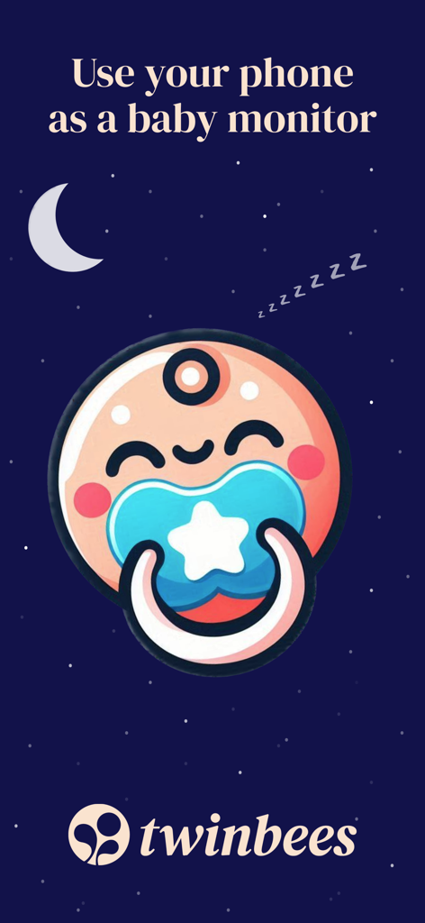 Écran de l'application Twinbees avec une illustration d'un bébé endormi et le texte "Utilisez votre téléphone comme babyphone"