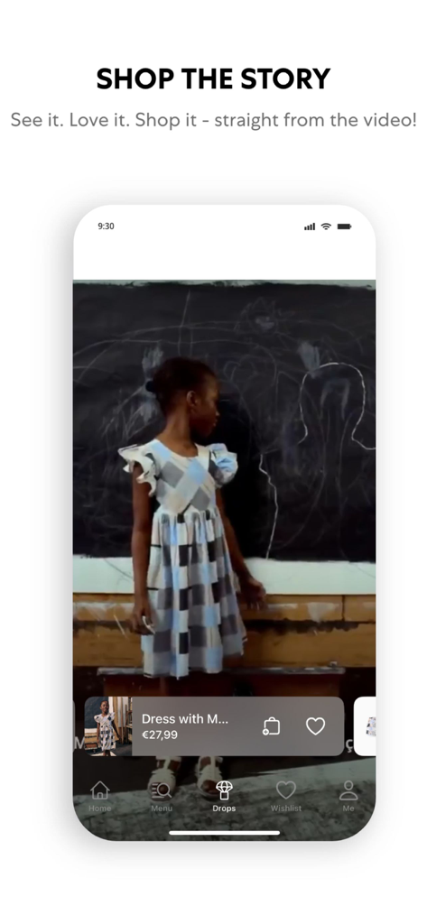 ZIPPY Kidstore app interface showing the Shop the Story feature for buying kids clothes directly from videos