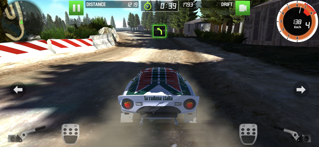 Rally Racer Dirt - Gameplay screenshot of Rally Racer Dirt showing a rally car driving on a dirt track with on screen racing controls