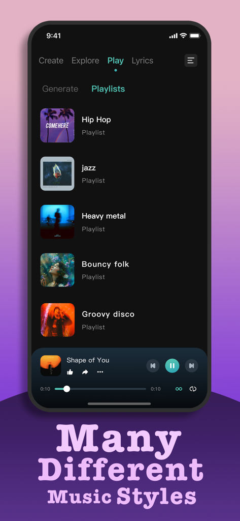 Song AI - AI Music - Song AI app interface showing different music genre playlists and an active music player