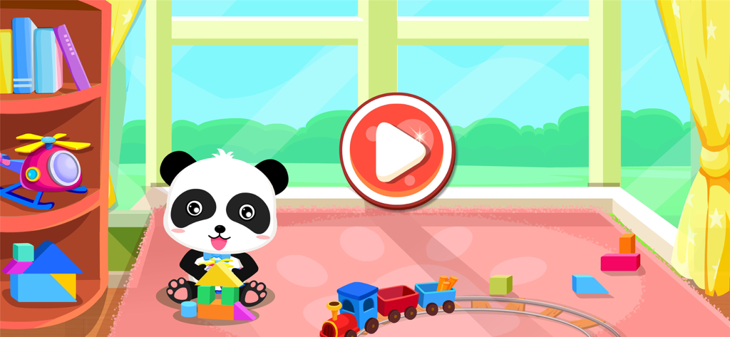 Baby Panda sitting in a playroom with toys and a large play button.