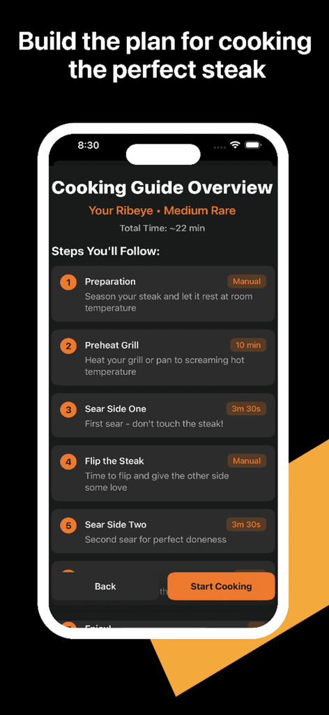High-Steaks - Un'interfaccia mobile che mostra una guida alla cottura passo-passo per una costata media-rara con tempi di preparazione e scottatura inclusi