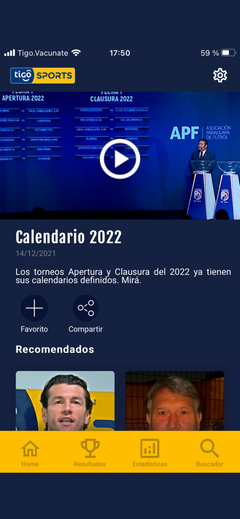 Interface do aplicativo móvel Tigo Sports Paraguay mostrando o calendário do torneio de futebol de 2022 e notícias esportivas