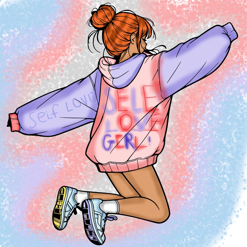 realistic girl jumping with a bun and oversized sweatshirt