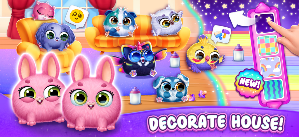 Smolsies 2 - Cute Pet Stories - Una variedad de coloridas y peludas mascotas Smolsies en una sala de estar con un menú para la decoración de la casa.