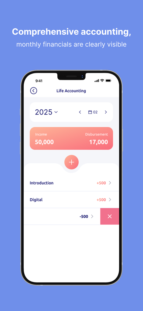 Interfaz de la aplicación TrackFinance que muestra el resumen mensual de ingresos y desembolsos con transacciones financieras