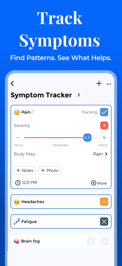 Tracker, Reminder - CareClinic - CareClinic symptom tracker interface with pain severity slider and health logs