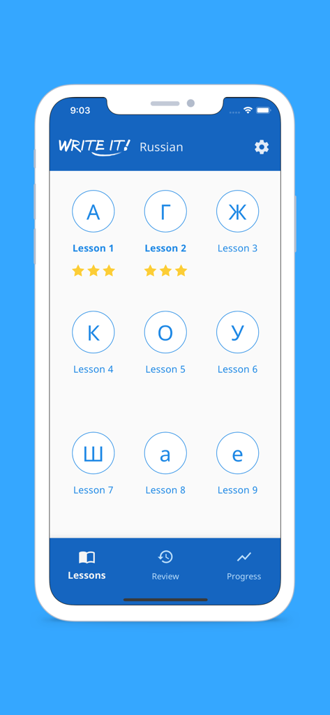 Write It Russian app lessons screen showing Cyrillic alphabet progress