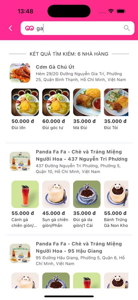 Página de resultados de búsqueda de entrega de comida de Yoosay que muestra artículos de menú y precios de restaurantes locales.