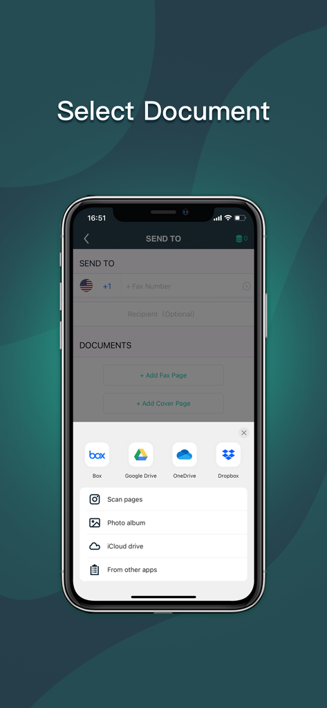 クラウドストレージサービスからのドキュメント選択オプションとカメラスキャンを表示するSimple Faxアプリ画面。