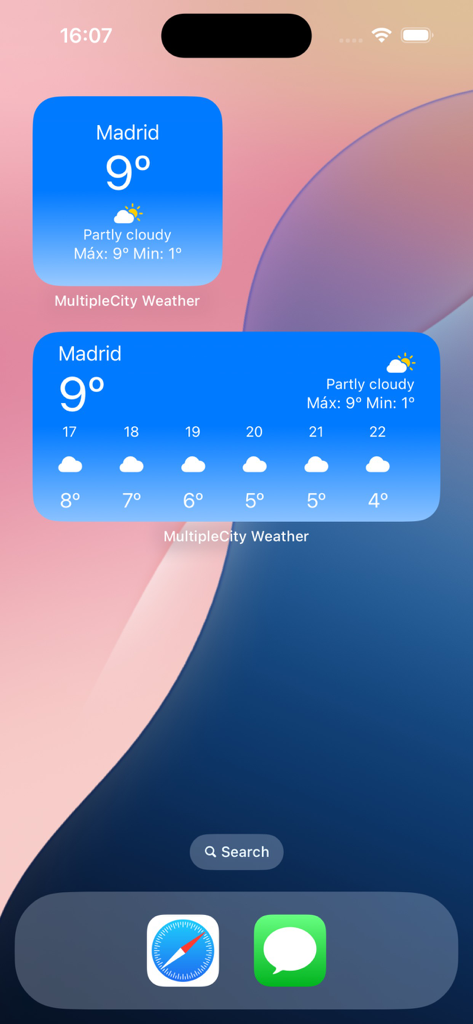 MultipleCity Weather - iOS home screen with minimalist blue weather widgets showing current temperature and hourly forecast for Madrid