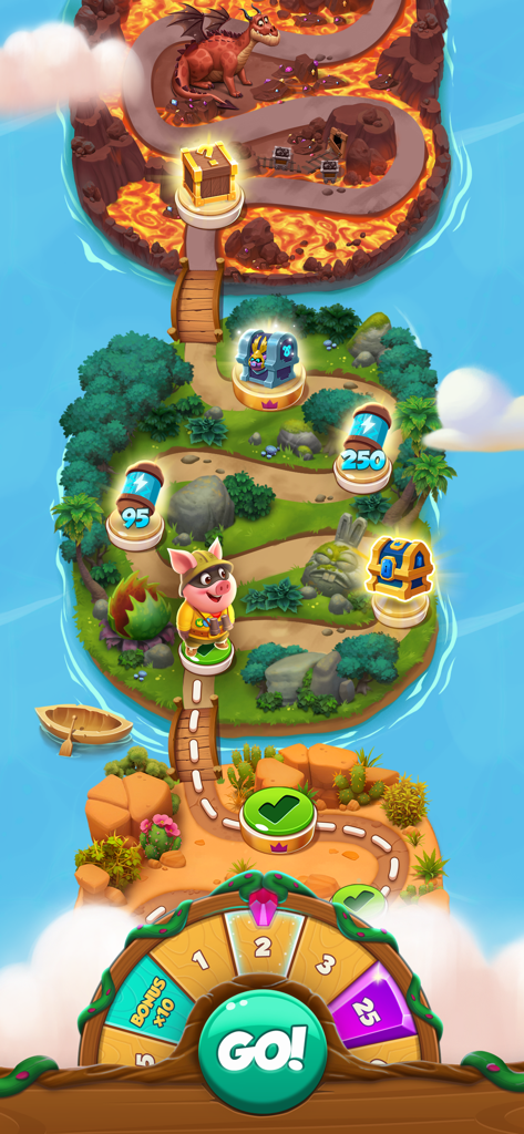Coin Master gameplay screen showing a character on a path through themed islands with a prize wheel at the bottom