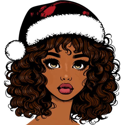 realistic girl with a santa hat curly hair and lips