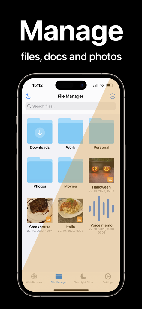 Blue Light Filter - Blue Light Filter app screen showing a file manager interface with a warm color overlay to reduce eye strain.