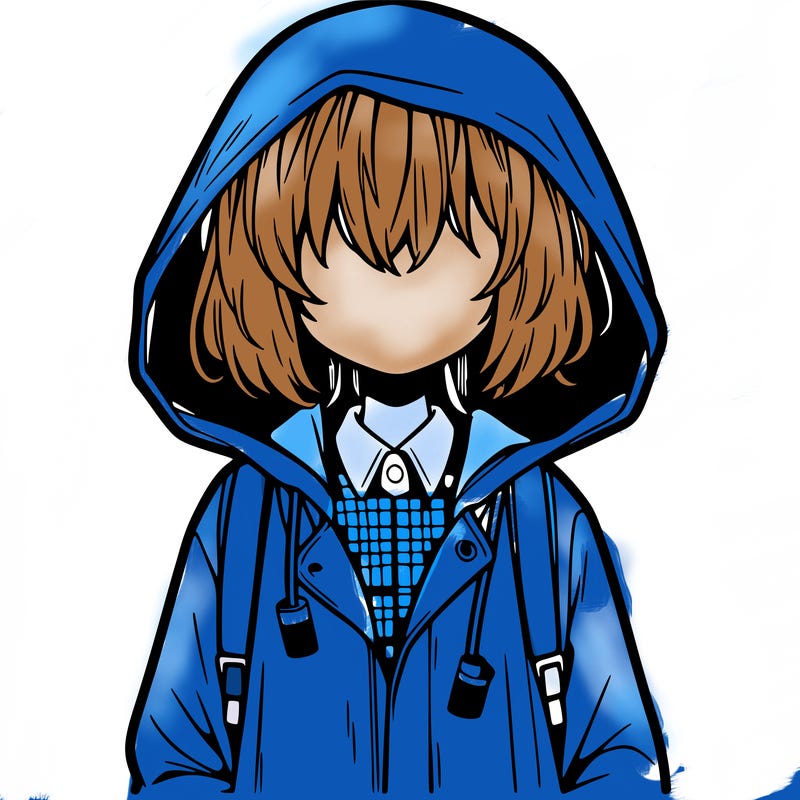 little anime girl in a raincoat her hair is covering her eyes she has a lighter