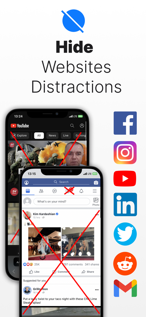 SocialFocus: Hide Distractions - SocialFocus app screenshot showing hidden distracting elements on YouTube and Facebook mobile websites