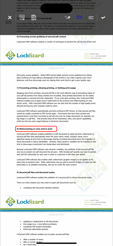 Locklizard Safeguard Viewer displaying document security features and DRM controls