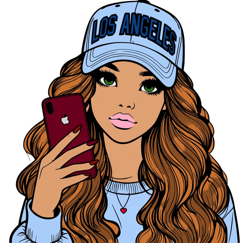 realistic beautiful girl wearing los ángeles cap holding an iphone