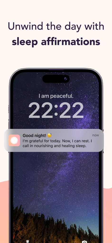 Mantra - Daily Affirmations - Smartphone lock screen featuring a sleep affirmation notification from the Mantra app over a starry night background