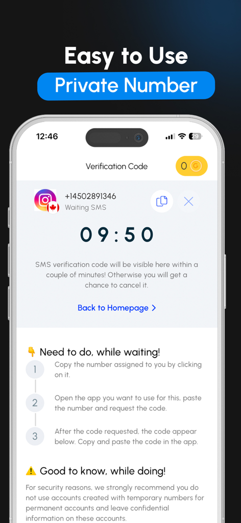 Interfaz que muestra un número de teléfono virtual y un temporizador de cuenta regresiva para la verificación por SMS en la aplicación GetCode