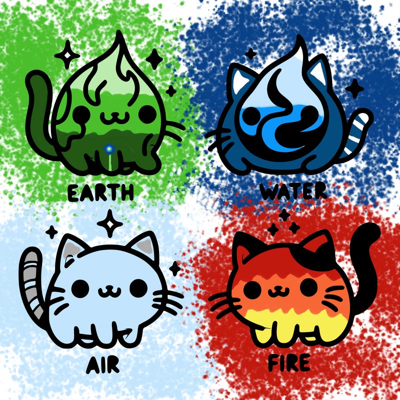 4 cats that represent the different elements, earth, water, air, and fire