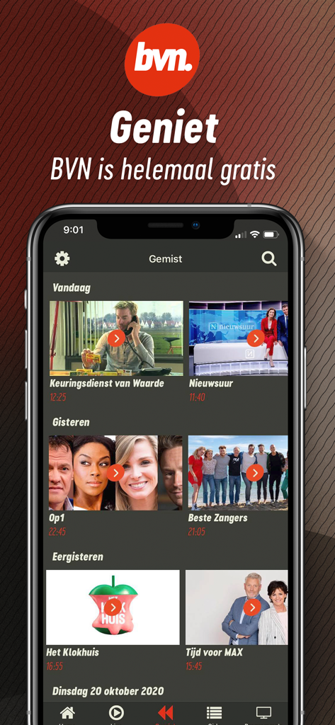 Screenshot of the BVN Live mobile app showing the Gemist screen with Dutch television programs like Nieuwsuur and Op1.